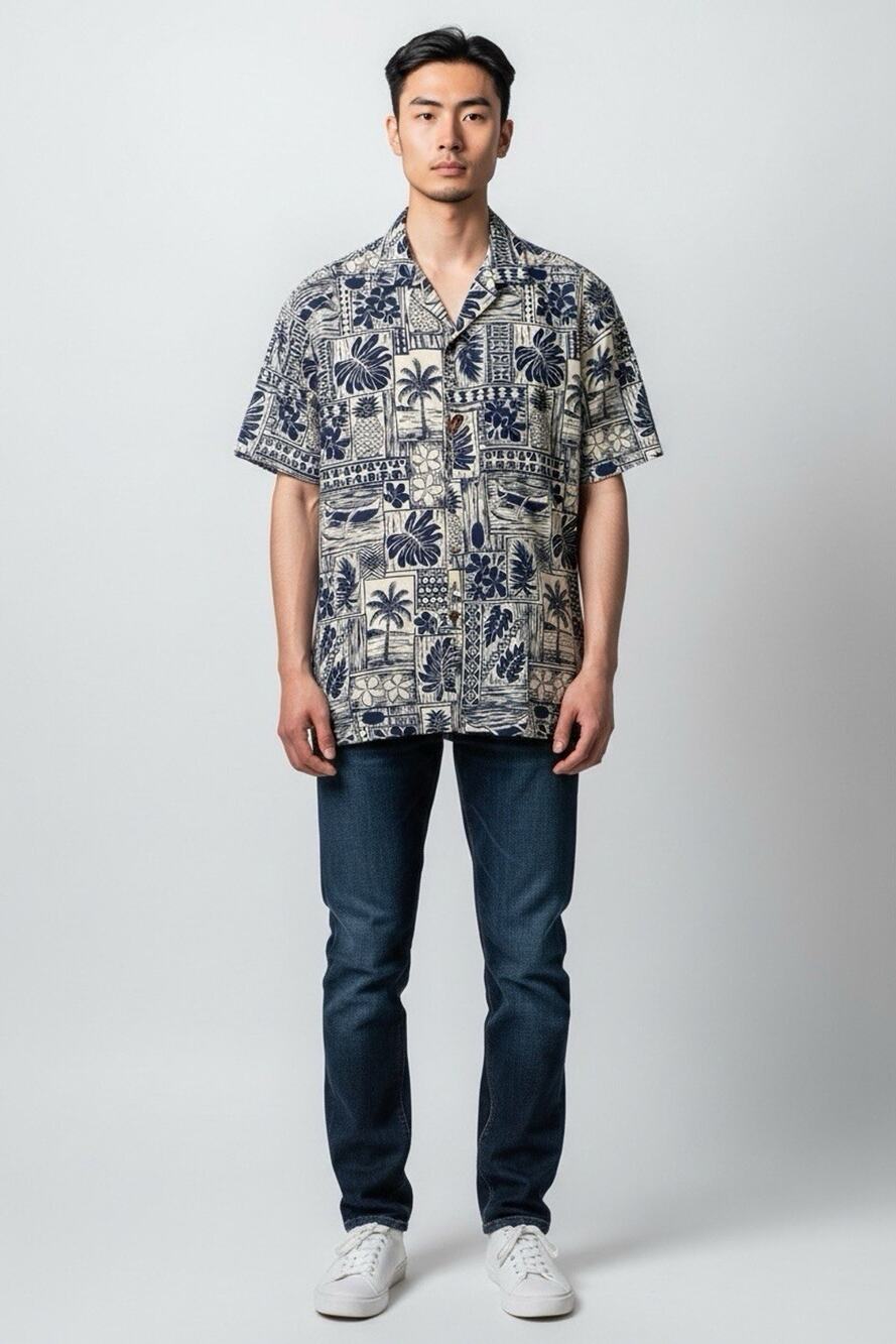 Hilo Hattie Hawaiian Mens Small Cotton Shirt Blue Beige Floral Short Sleeve